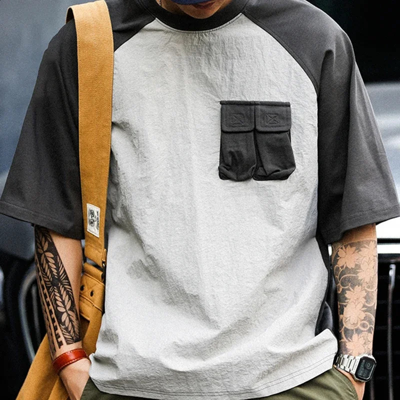 American retro pocket patch mens summer casual cotton short sleeved round neck Tshirt Y2K streetwear 250318