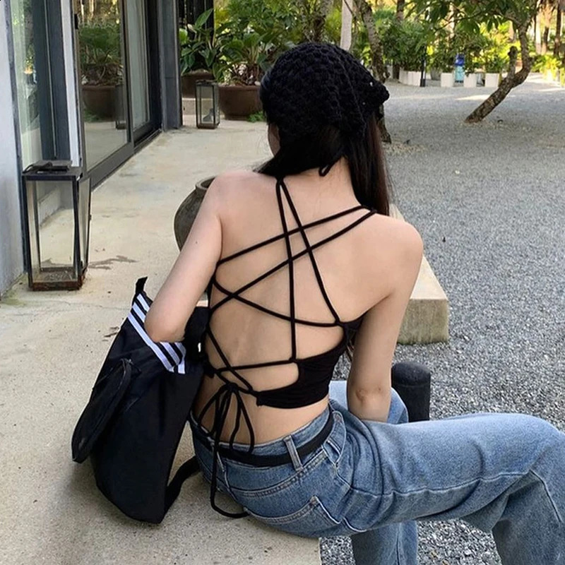 Cutenova Y2K Womens Backless Crop Top Sleeveless Sexy Cute Black Tank Summer Cutting 2000S Clothing 250319
