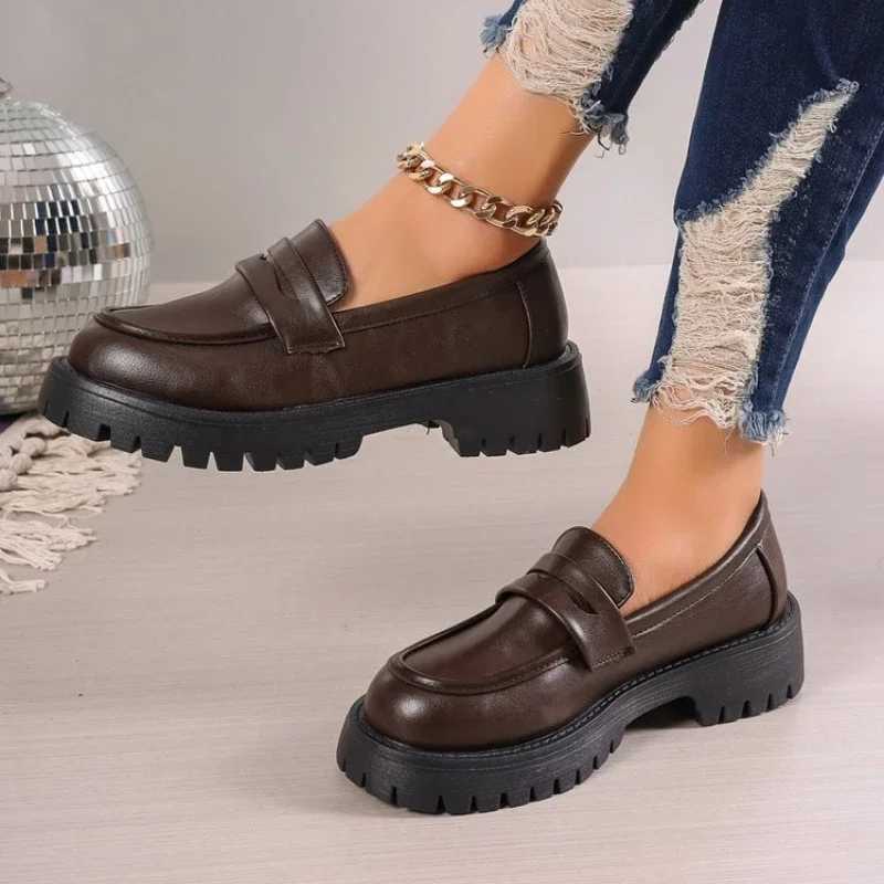 Brown Punk Platform Womens Loafers Round Toe Thick High Heels Retro Shoes Womens Slippery High Heels Womens PumpXJ250319