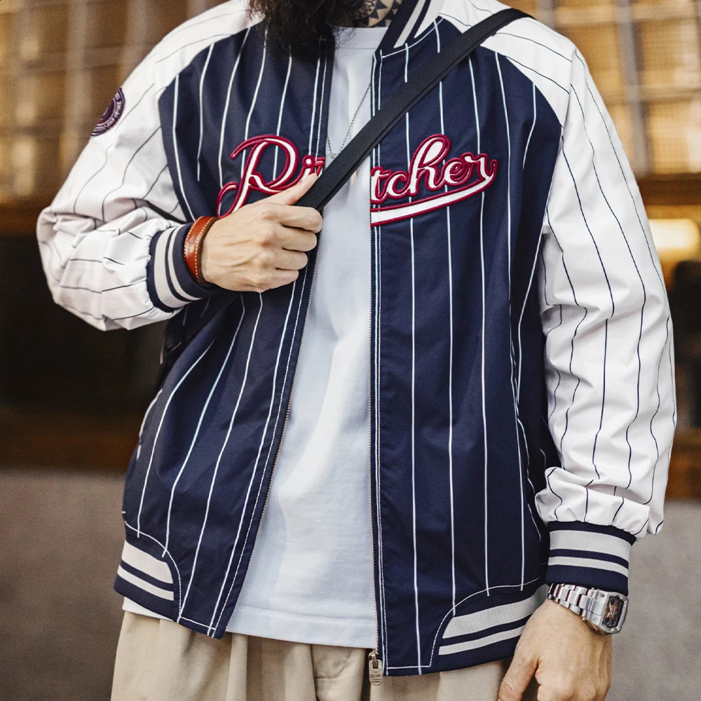 Made Vintage Striped Baseball Jacket Letter y Badge ns Colorblocking Casual Outerwear for Mens Spring 250317