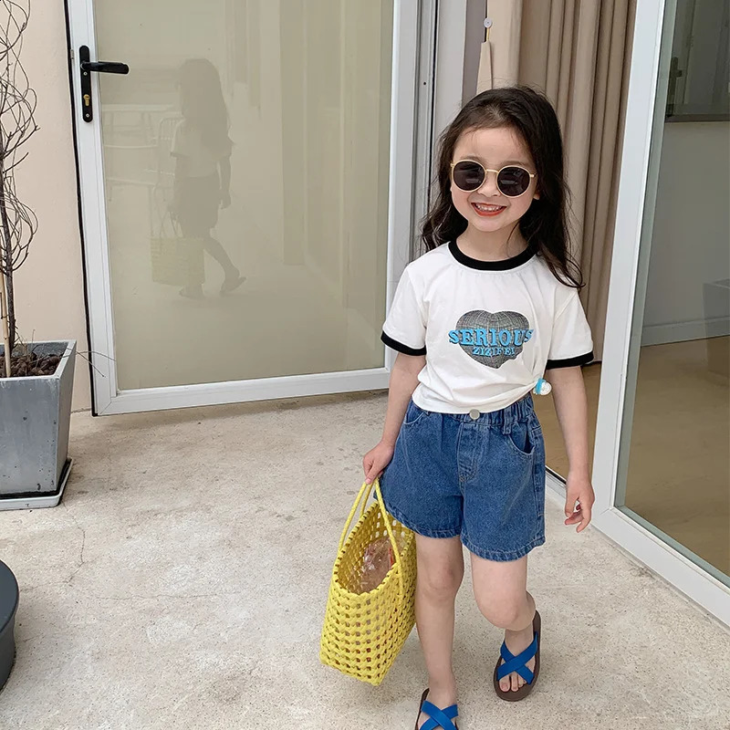 Summer 2025 Kids solid color denim shorts fashion Girls all-match casual shorts 250319