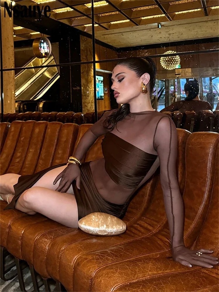 Nsauye Pullover Women Sexy Mesh Long Sleeve Clubwear Y2K Dress Mini Outfits See Through Low Waisted Party Female Dress 250319