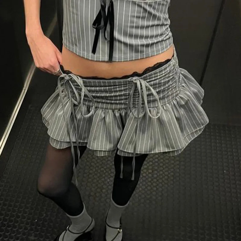 E-girl Striped Drawstring Pleated A-line Skirt 00s Retro Low Waist Lace Trim Skirt Women Double Layers Mini Skirt Y2K Streetwear 250319