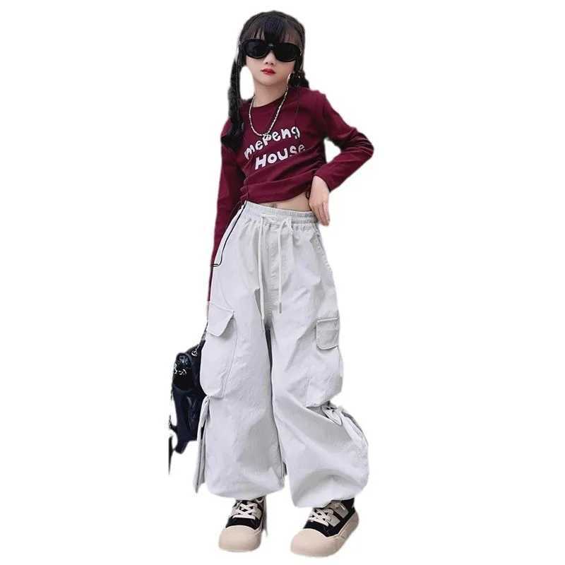 1 Summer Youth Song Set Hip Hop Dancer Girl Costume Bottom Loose Long Leg Cargo Pants Children 4 5 6 7 8 9 11 12T250318