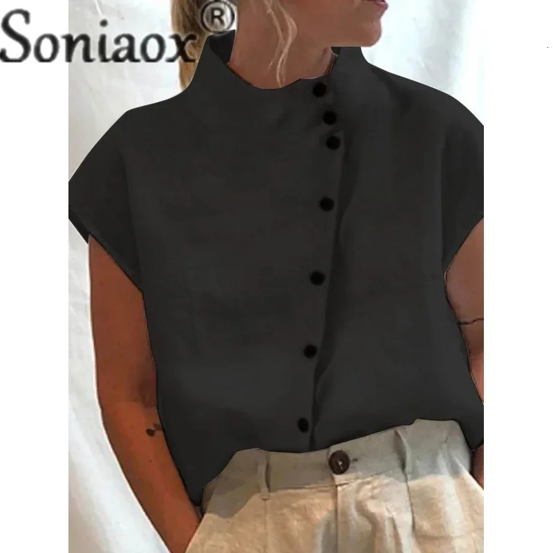 Elegant cotton linen stand up collar womens shirt summer simple style single breasted cardigan womens casual loose shirt 250318