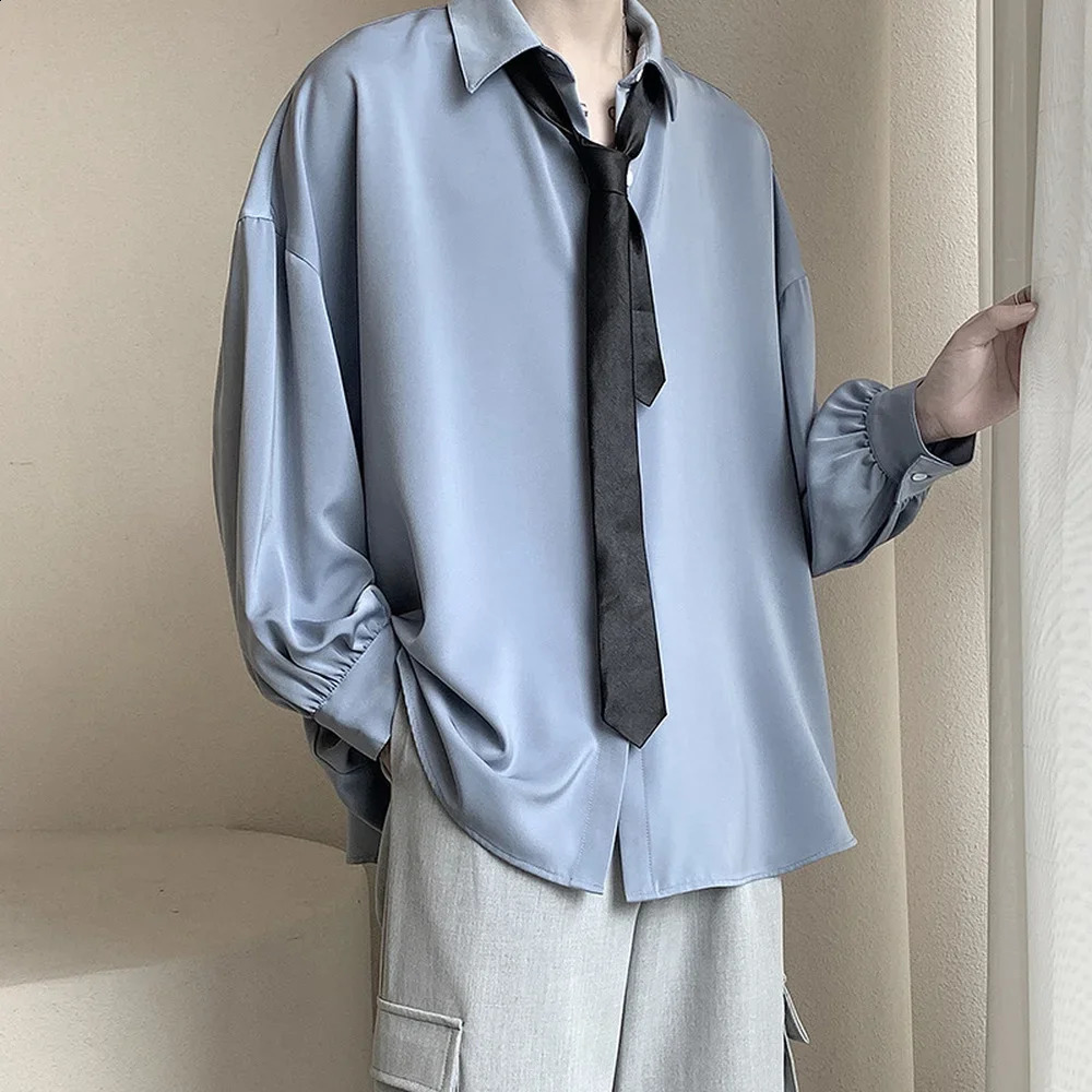Korean mens long sleeved shirt with black tie comfortable casual solid color oversized breathable and loose Harajuku 250317