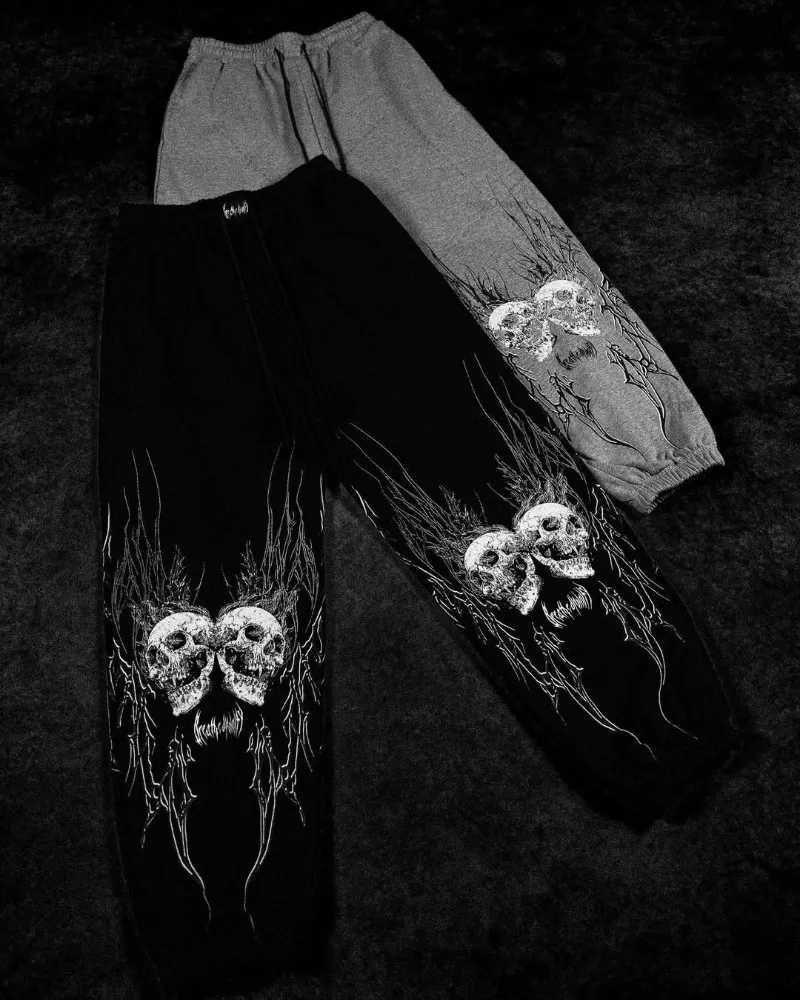 Gothic Punk Y2K Harajuku Streetwear Trousers Hip Hop Retro Skull Print Sweatpants Men Trendy Drawstring Loose Casual Sport Pants X250319