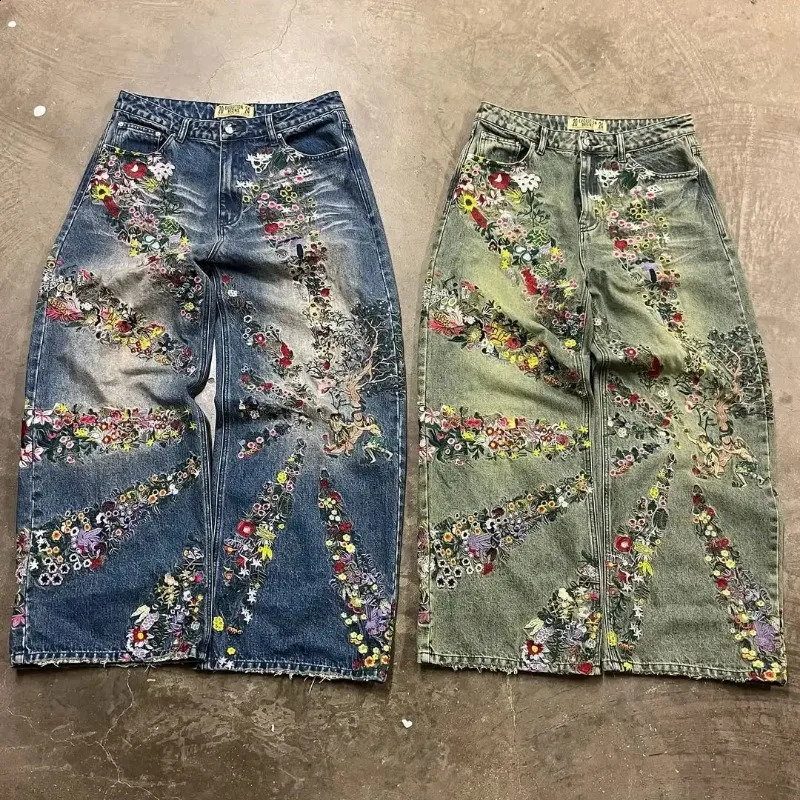 American Oversized Floral Print Straight Jeans Women High Street Retro Hip Hop Loose Wash Fashion Girl Casual Y2K 250317