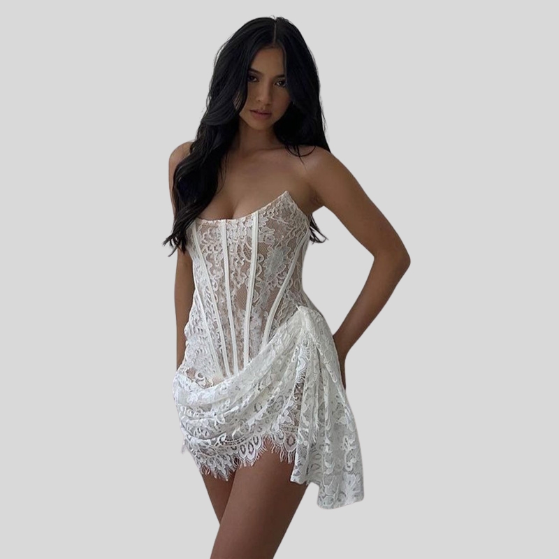 Autumn new women's clothing sexy lace mesh one-word shoulder tube top micro-transparent slim dress women