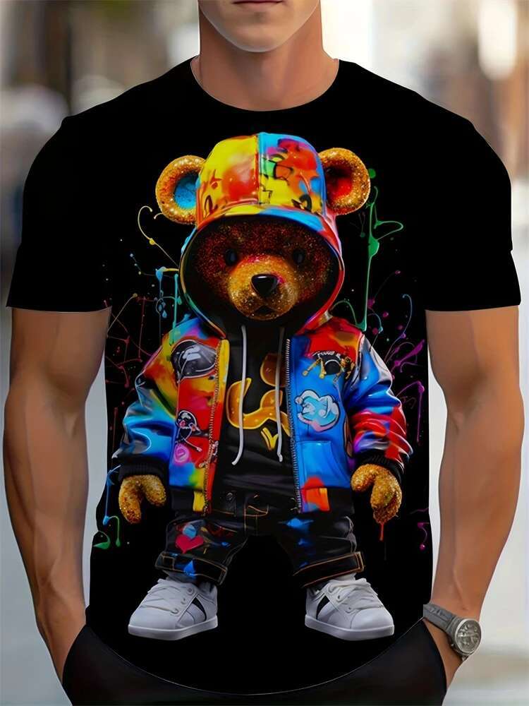 Hip-Hop Style Cartoon Bear Print T-Shirt Summer Casual Everyday Top Urban Street Fashion Men's Oversized Short Sleeve Tees