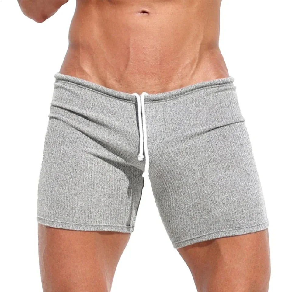 Mens Sexy Drawstring Ribbed Sleepwear Shorts Outdoor Sports Jogging Gym Sportswear Short Pants Holiday Casual Slim Male Shorts 250317