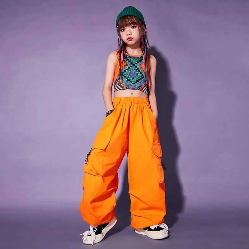 Childrens Kpop hip-hop clothing geometric print crop vest orange casual jogging cargo pants girls jazz dance clothingT250318