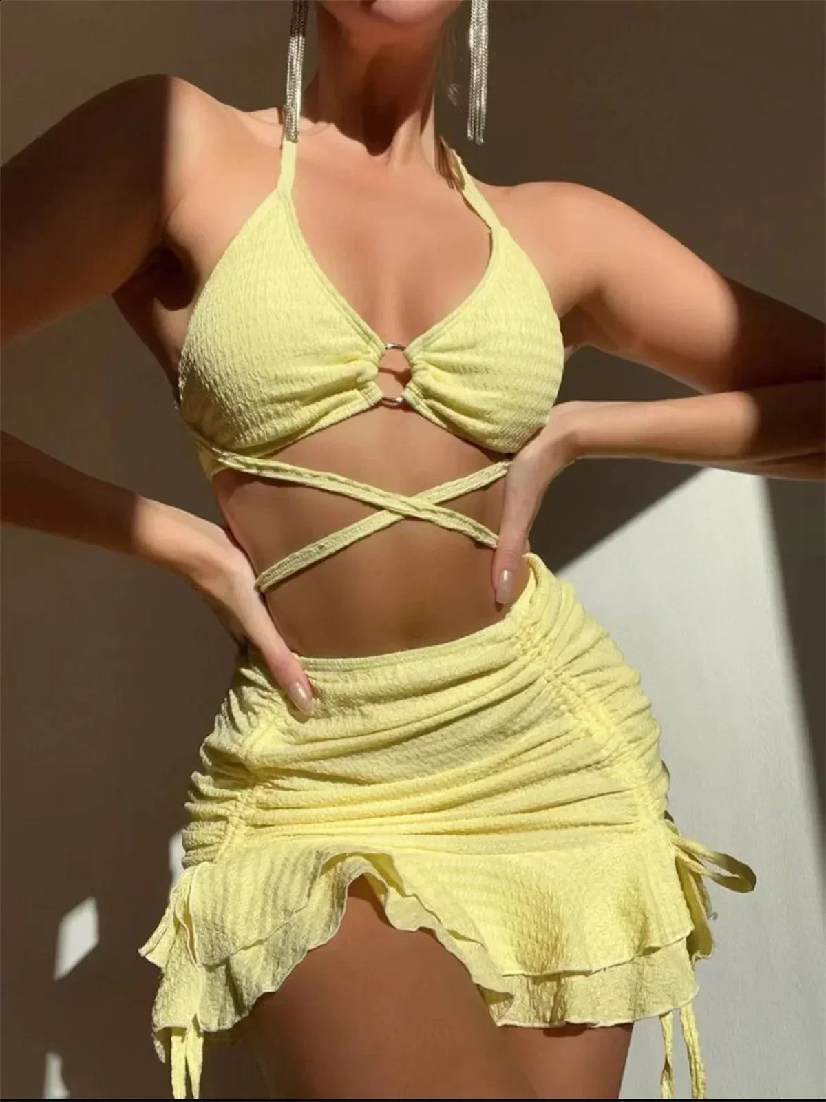 Sexy Yellow Bikini Women Solid Halter Ring Linked Criss Cross Cover Up 3 Piece Swimsuit Bathing Suit Ruffles Skirt Swimwear 250319