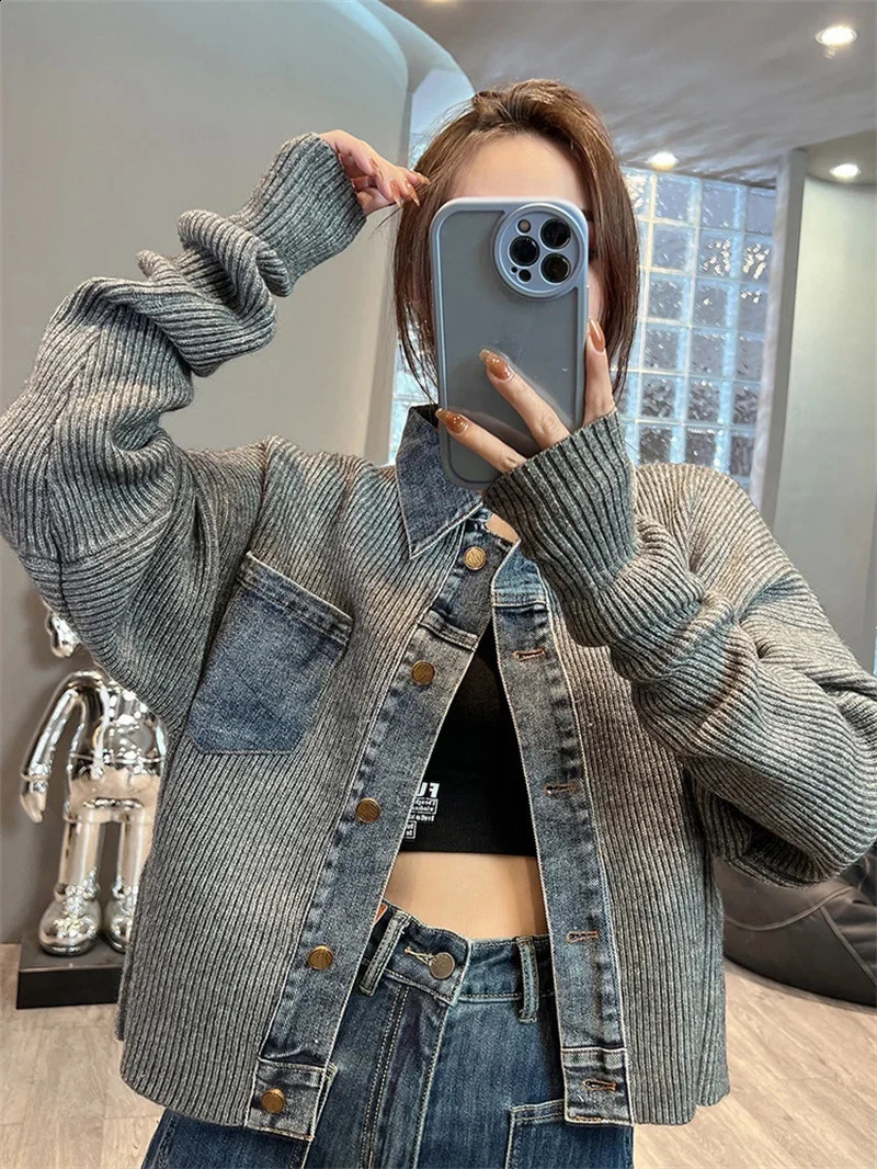 Womens Denim Stitching Sweater Jacket Autumn Fashion Loose Short Knitted Cardigan Lady Coats Casual Denim Jacket Women 250317