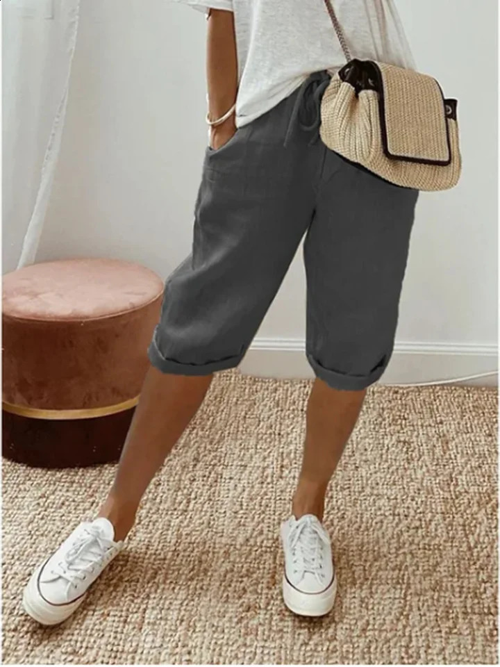 Summer Middle Pants Womens Solid Color Pocket Elastic Shorts Casual Fashion Sports Shorts Cotton Beach Shorts 250319