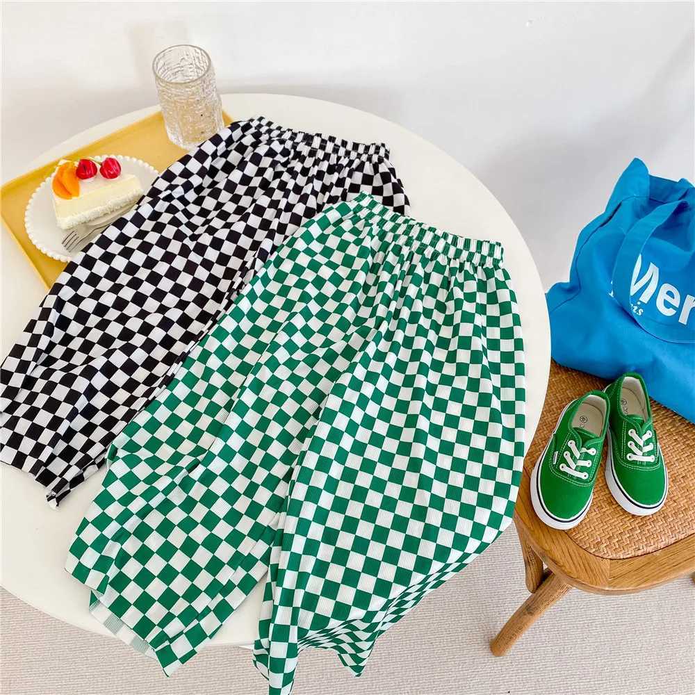Childrens wide leg pants Korean childrens clothing summer checkered pants cool pants suitable for boys and girlsT250318