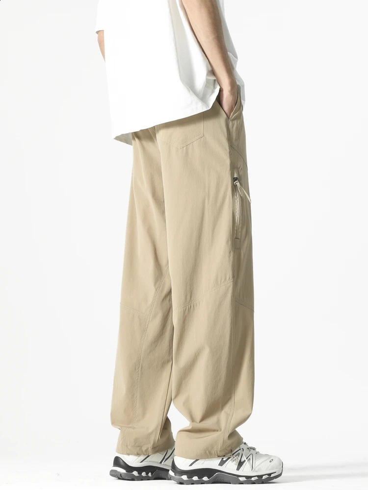 Summer mens casual pants Korean fashion outdoor zipper pocket wide leg straight three person walk loose and lightweight sports 250319