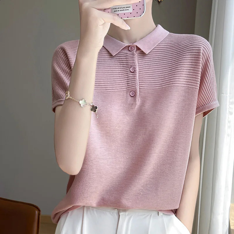 Womens T-shirt Summer Worsted Knitted Tees Casual Solid Sweater Short Sleeve POLO Collar Blouse Ladies Clothes Loose Tops 250318