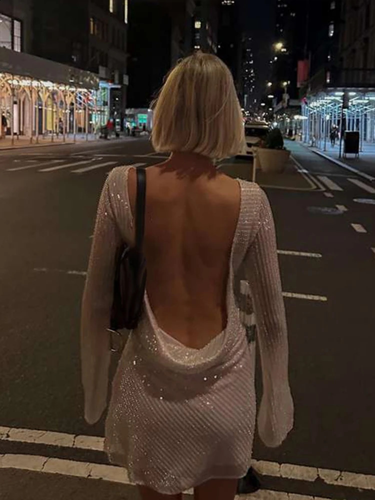 Elegant Backless Sequins Mini Dress For Women Sexy Long Sleeve O-neck Short Dress Lady Y2K Evening Party Chic Vestidos 250319