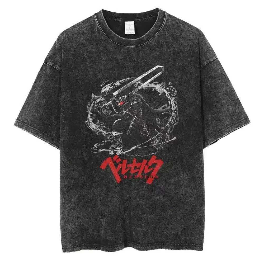 Washed Berserk Cotton Mens Vintage Japan Anime Oversize Shirts Streetwear Harajuku Summer Short Sleeve TShirt Loose Cotton TopsT250318