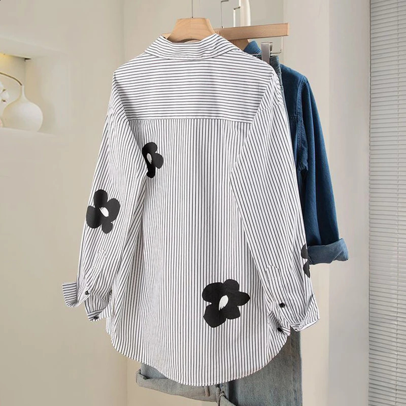 Collar striped long sleeved loose shirt and top casual single chest white streetwear womens 250319