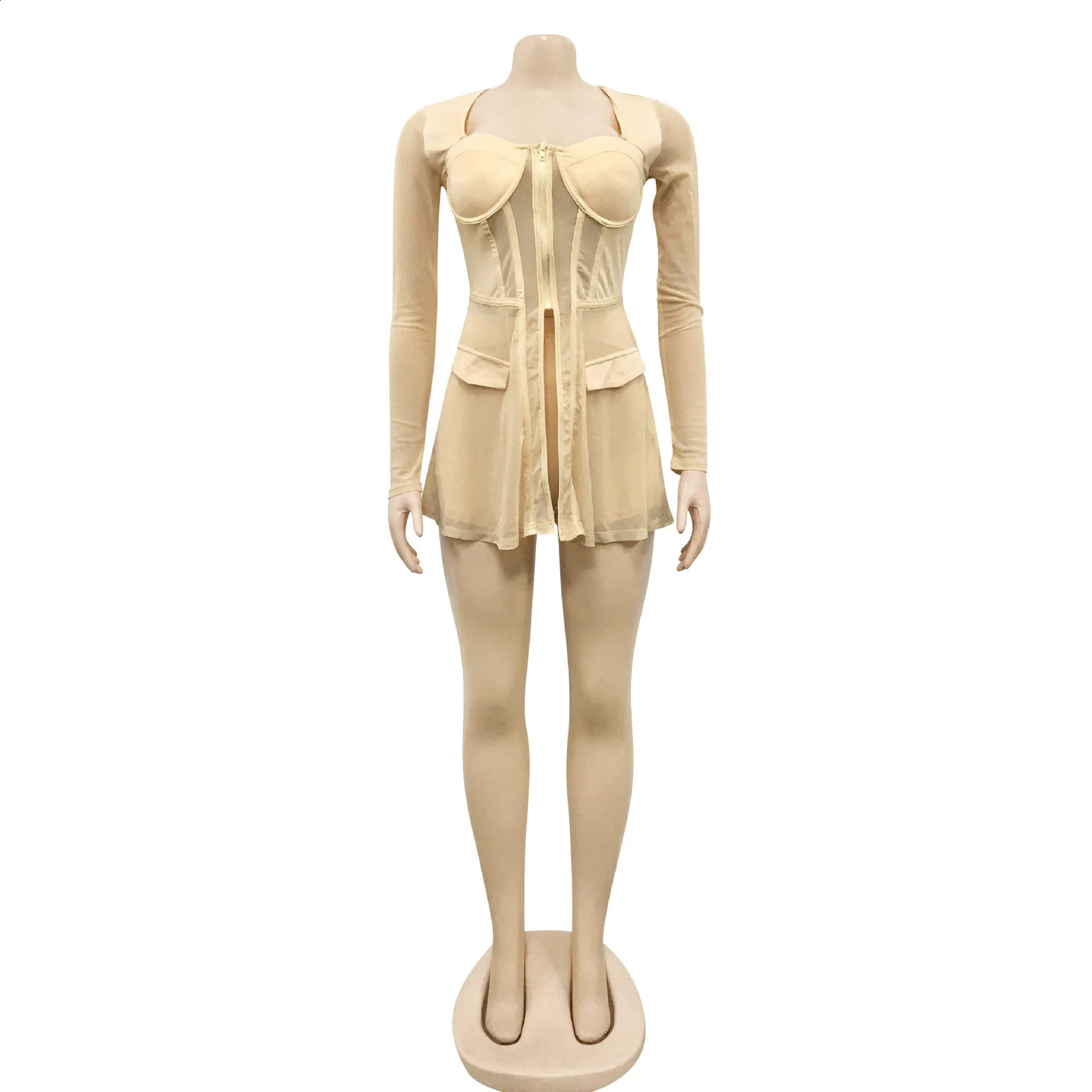 Solid transparent mesh see through long sleeved zipper shirt tight corset top and shorts 2-piece set sexy body party womens clothing 250318