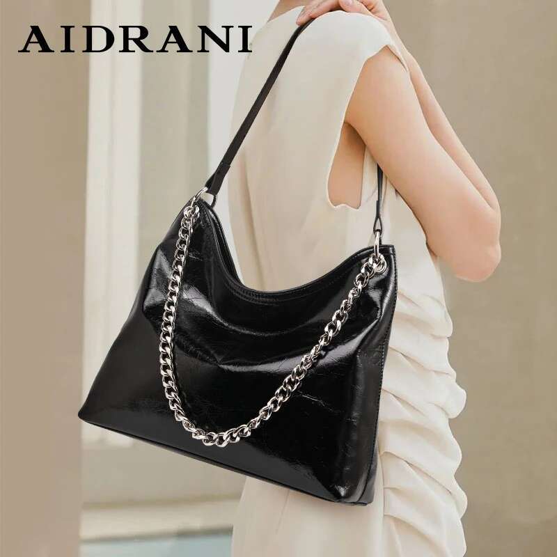 Aidrani Genuine Leather Fashion Ladies Shoulder Large Capacity100%Soft Cowhide Crossbody Bag, Urious Chain Tote Bag