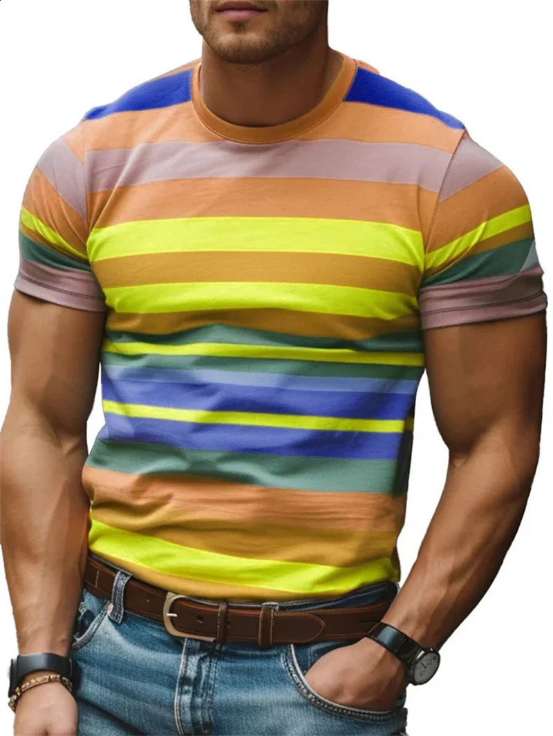 Mens Retro Stripe 3D Printed T Shirt Summer Casual Short Sleeve Fashion Crew Neck Tshirt Loose Breathable Sports Tees Pullovers 250319