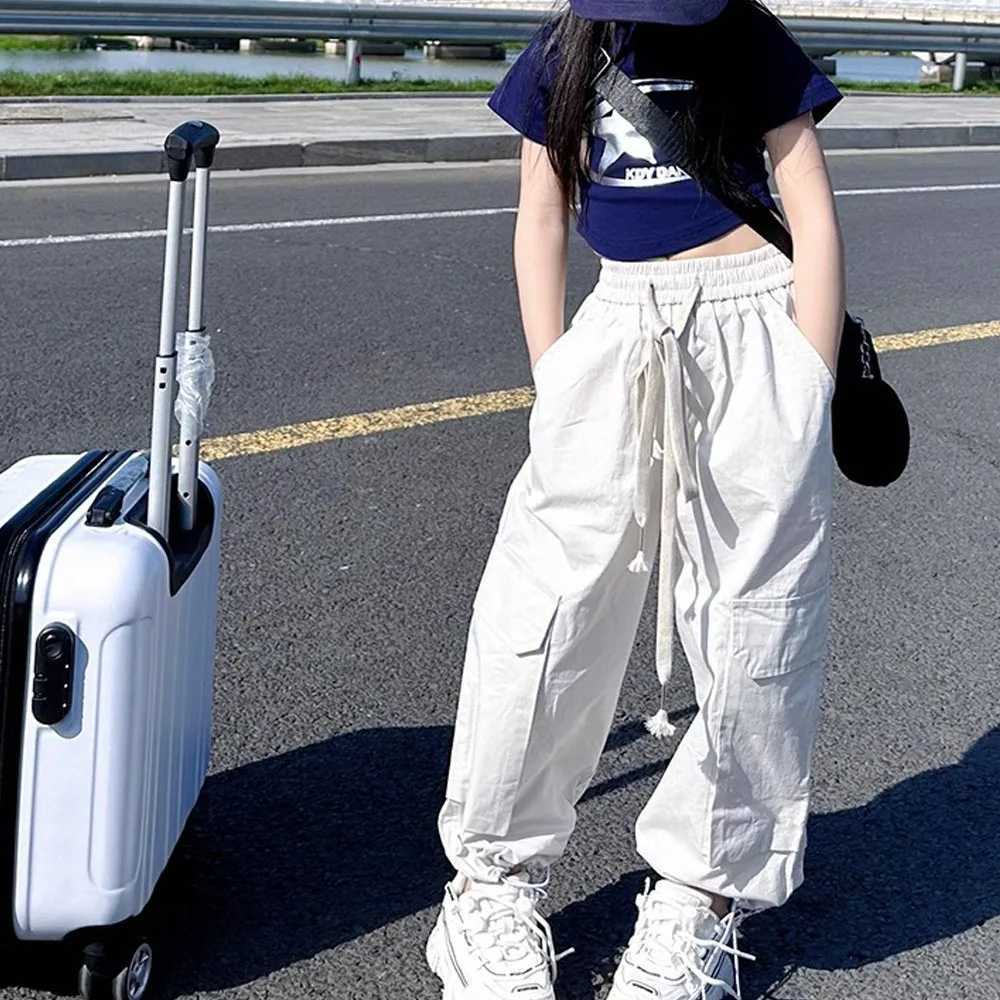 Spring and summer childrens hip-hop jogging pants girls cargo pants teenagers straight pants retro casual streetwear bag pants 5-14TT250318
