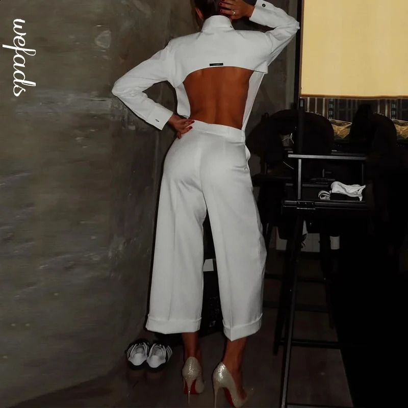 Wefads 2piece womens matching set fashionable long sleeved solid collar single chest button backless shirt straight pants 250319