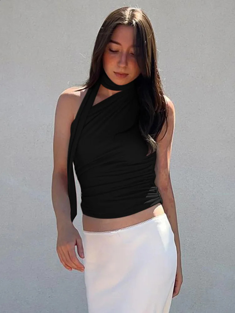 Backless Sexy Off Shoulder Halter Tank Tops Women Vintage Sleeveless Crop Top Y2K Clothes Club Female Casual Summer 250319