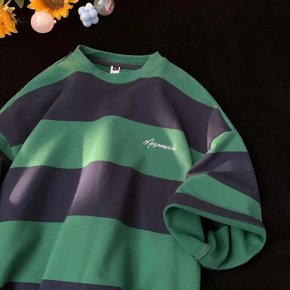 Summer American Street Retro Stripe Letter Print Graphic T-shirt Men and Women Trend Loose Casual Short Sleeve Top harajuku 250319