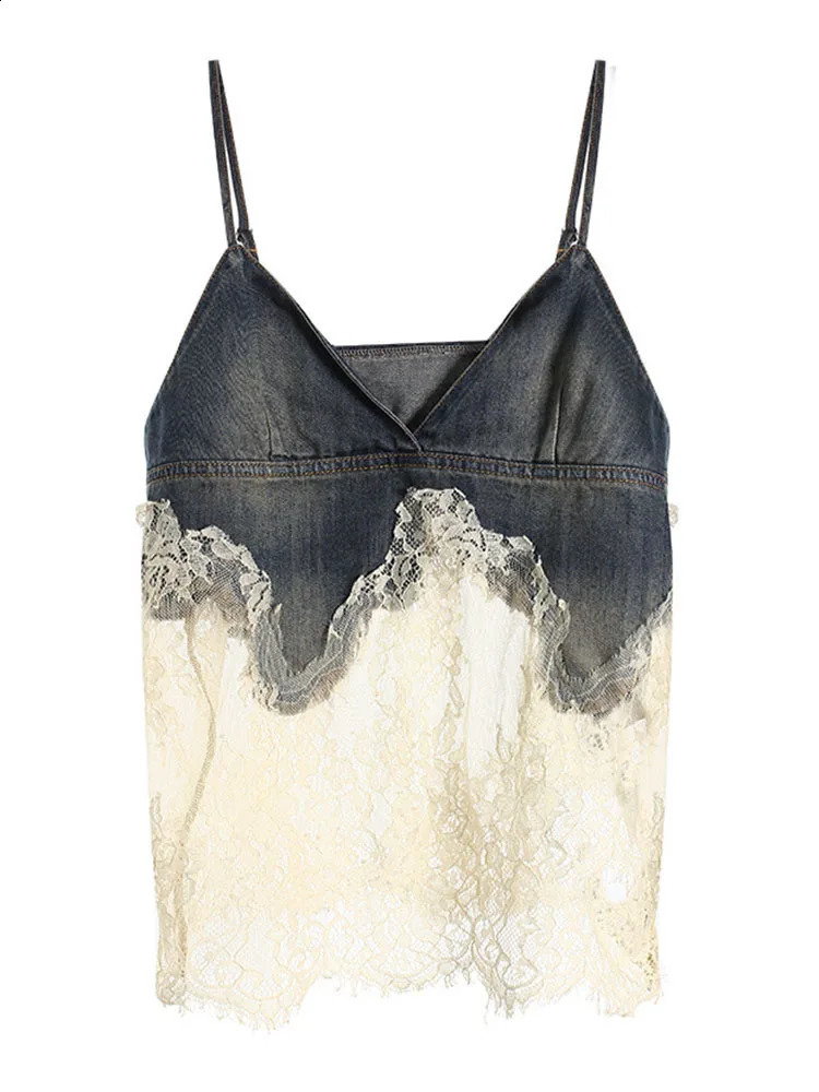DEAT Fashion Womens 2-piece Denim Lace Backless Tank Top High Waist Lace Pocket Knee Length Set Autumn Style 7AB4274 250317 - view 6