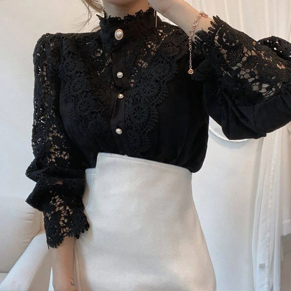 Autumn Elegant Lace Office Shirt Womens Blouse Long Sleeve Button Up Blouses Tops 2023 Spring Fashion Casual Ladies Shirts Top 250319