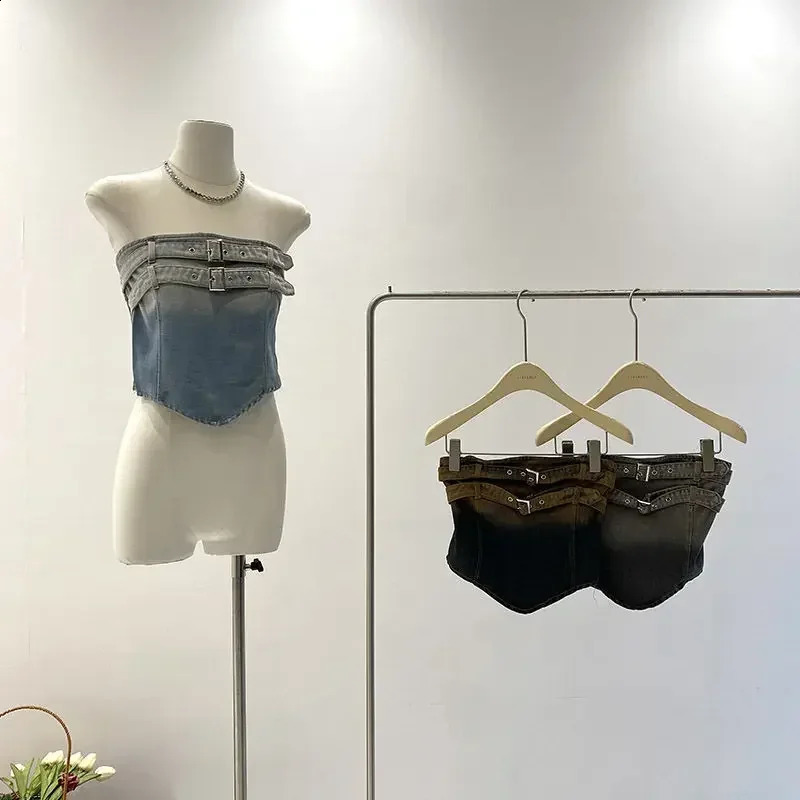 Irregular strapless vest with gradient washed denim top womens summer slim fit simple sexy top 250314