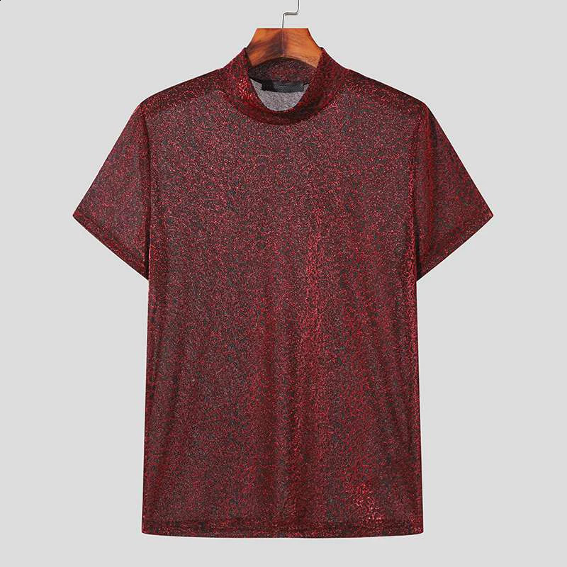 Summer European and American Mens Sexy Perspective High Neck Sensual and Fun Short Sleeve T-shirt Top 250319