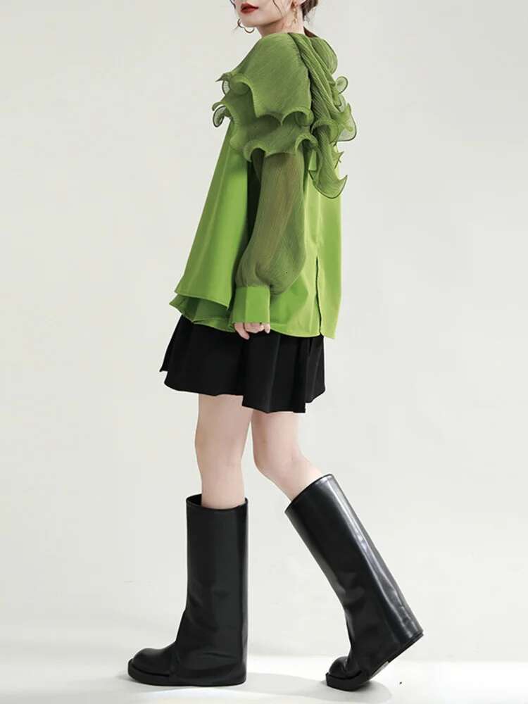 Women Green Pleated Belted Big Size Blouse New Lapel Long Sleeve Loose Fit Shirt Fashion Tide Spring Autumn 2025 1De3661