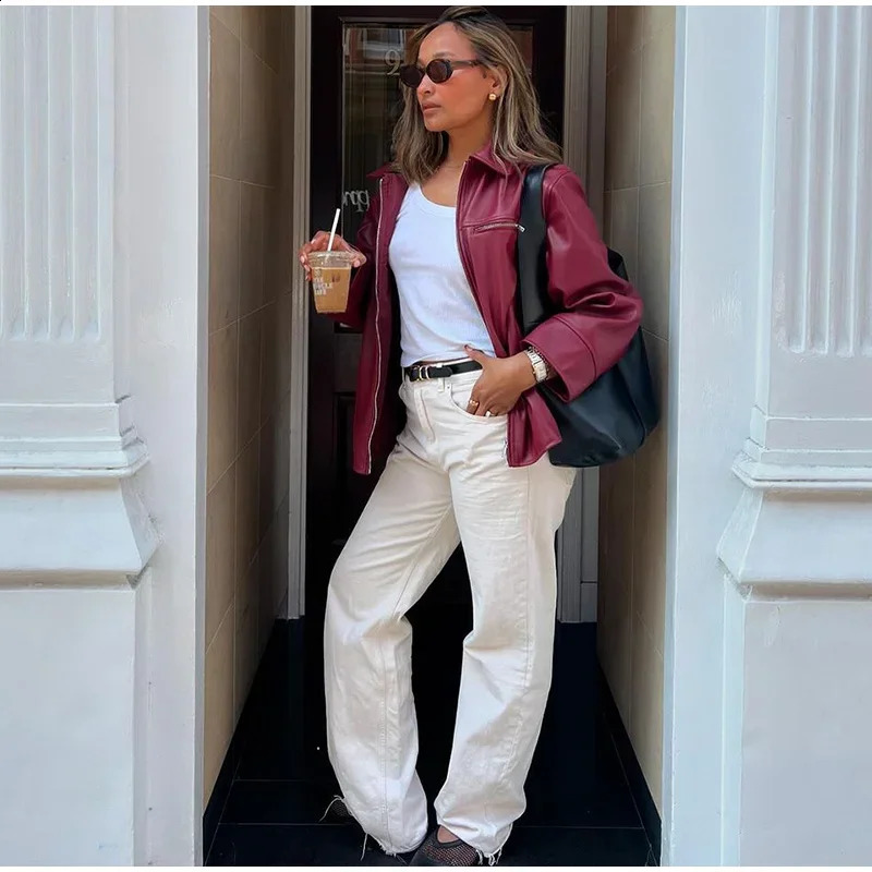Yaminiya SpringSummer Womens Jacket Fashion Collar Zipper Long Sleeve Coat Street Burgundy Leather 250319