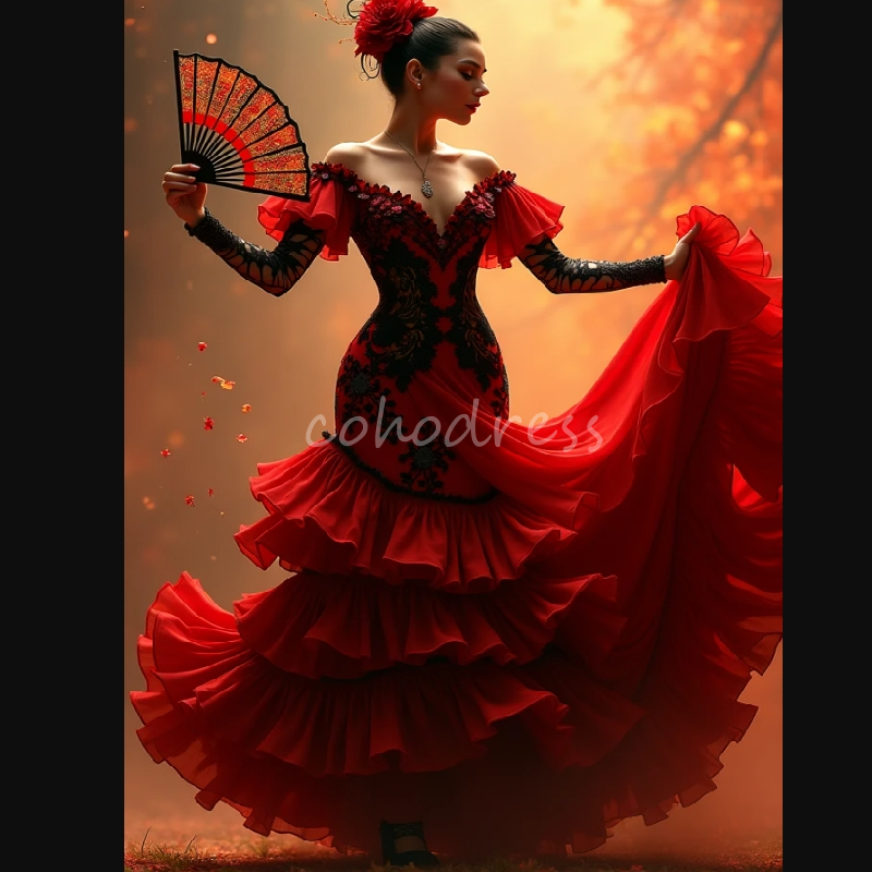 Spanish Flamenco Gothic Prom Dress Off Shoulders Long Sleeve Black And Red Victorian Medieval Evening Dress Rococo Reception Formal Occasion Vestio De