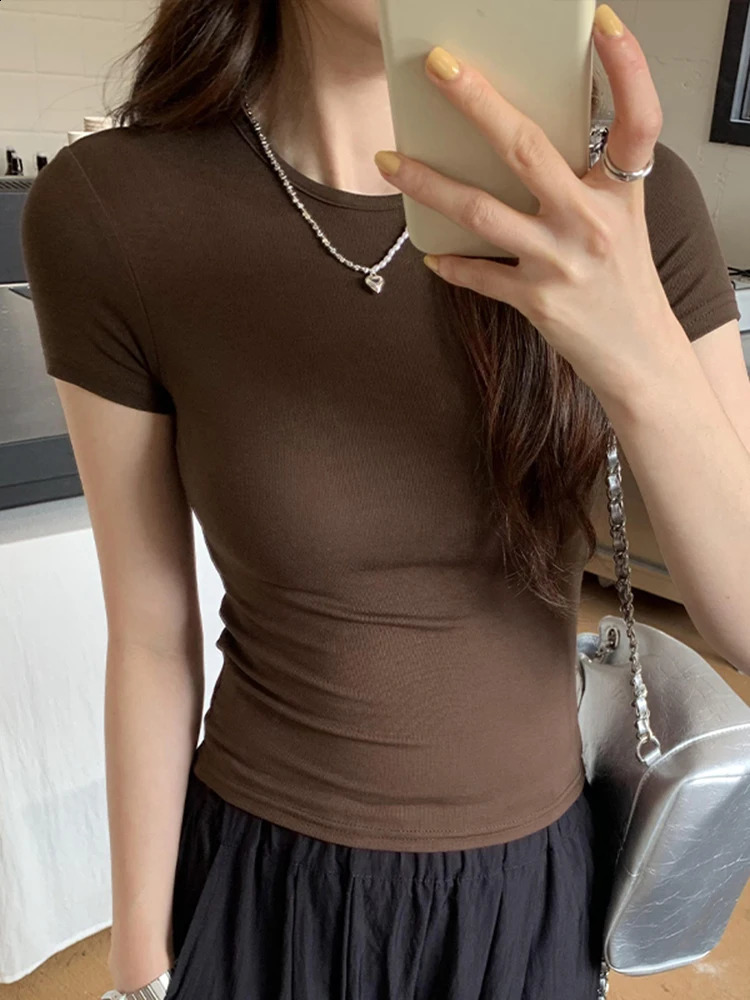 Basic Solid Crop Top Short Sleeve Crewneck Tight T-shirt Summer Casual T-shirt Womens y2k Retro Top Harajuku Street Clothing 250314
