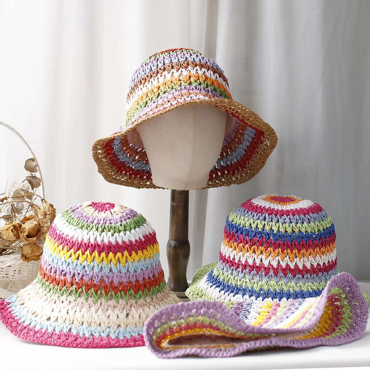 2025 NEW Rainbow Woven Women's Sunscreen Summer Japanese Straw Protective Fashion, Breathable Hollow Beach Sun Hat