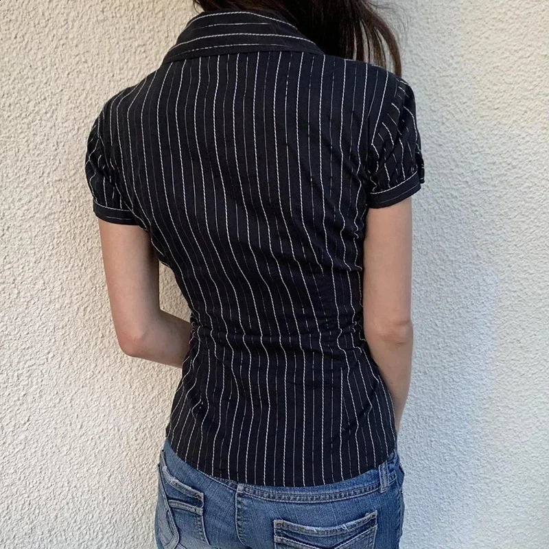 Y2K Striped Blouse Womens Summer French Style Button-up Turn-down Collar Shirt Vintage Streetwear Chic Elegant Tops 250319