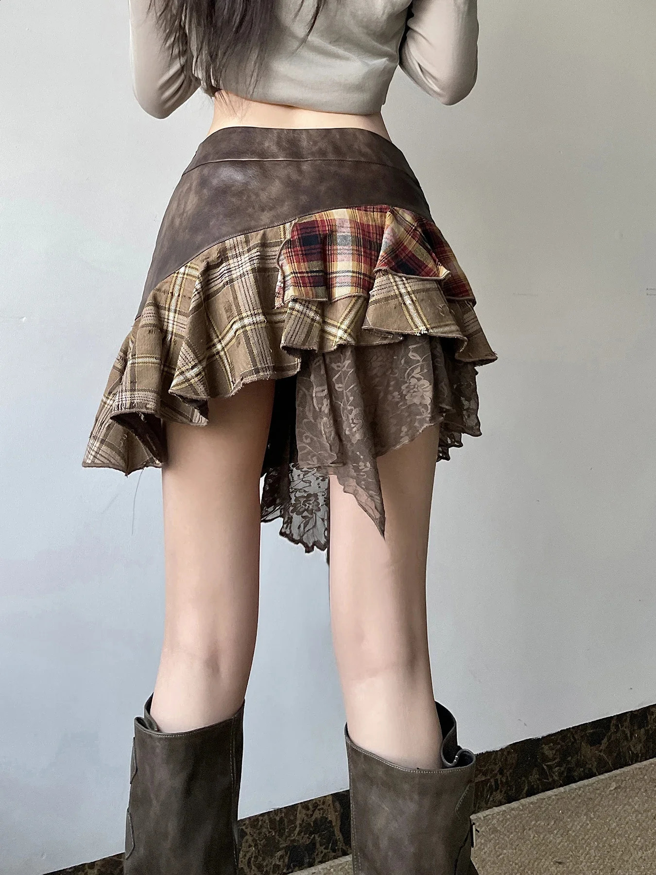 retro fashion street asymmetric women mini skirt lace striped plaid leather irregular fashion stylish skirt 250313
