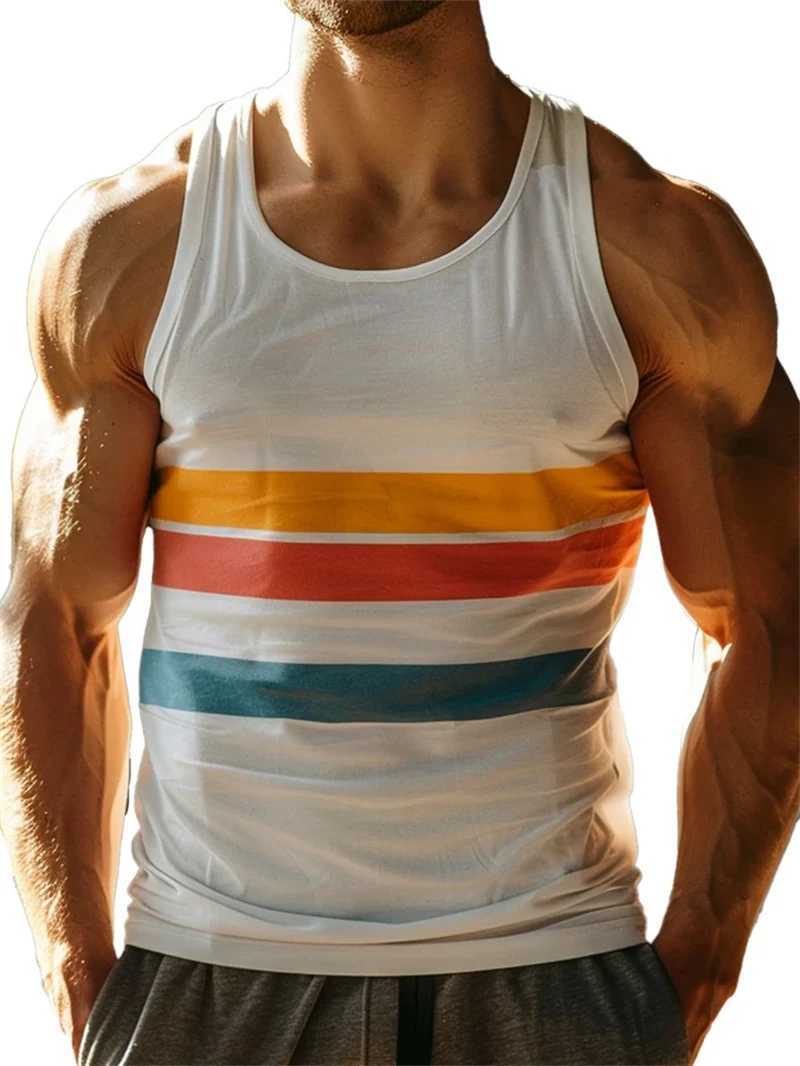 Retro striped graphic tank top mens fashionable casual summer sleeveless 3D printed vest loose crew collar quick drying sports T-shirtT250318
