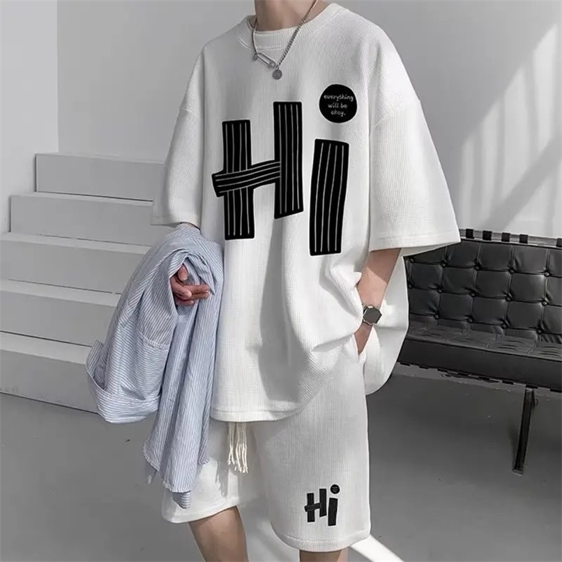 Casual Mens Summer T-Shirt Shorts Two-Piece Set Loose Fit Hong Kong Style Printed Plus Size Sportswear 250318
