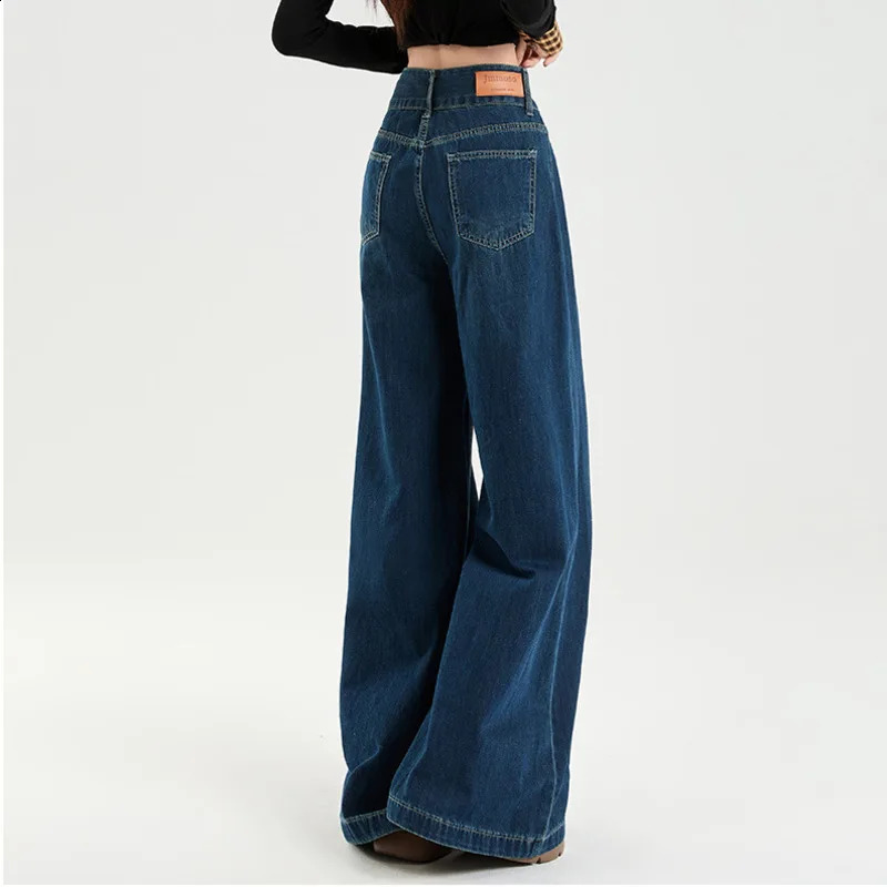 Wxw2050 autumn and winter wool jeans warm thick long high waist wide legs loose straight womens blue streetwear 250317