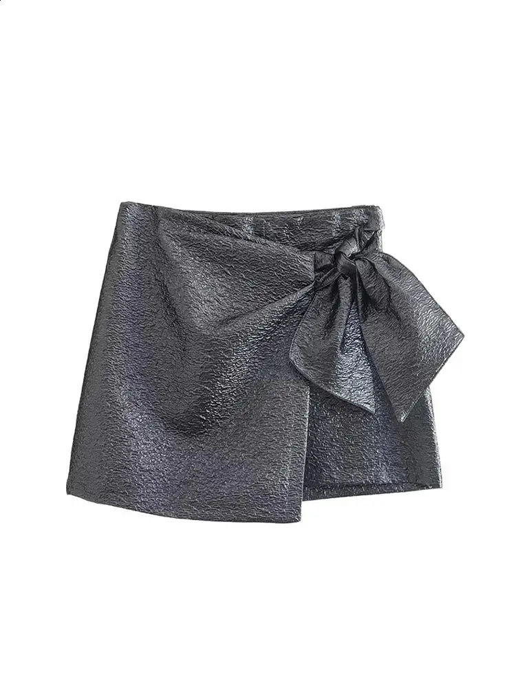 TRZA Women Fashion With Bow Tied Textured Shorts Skirts Vintage High Waist Side Zipper Female Skort Mujer 250319