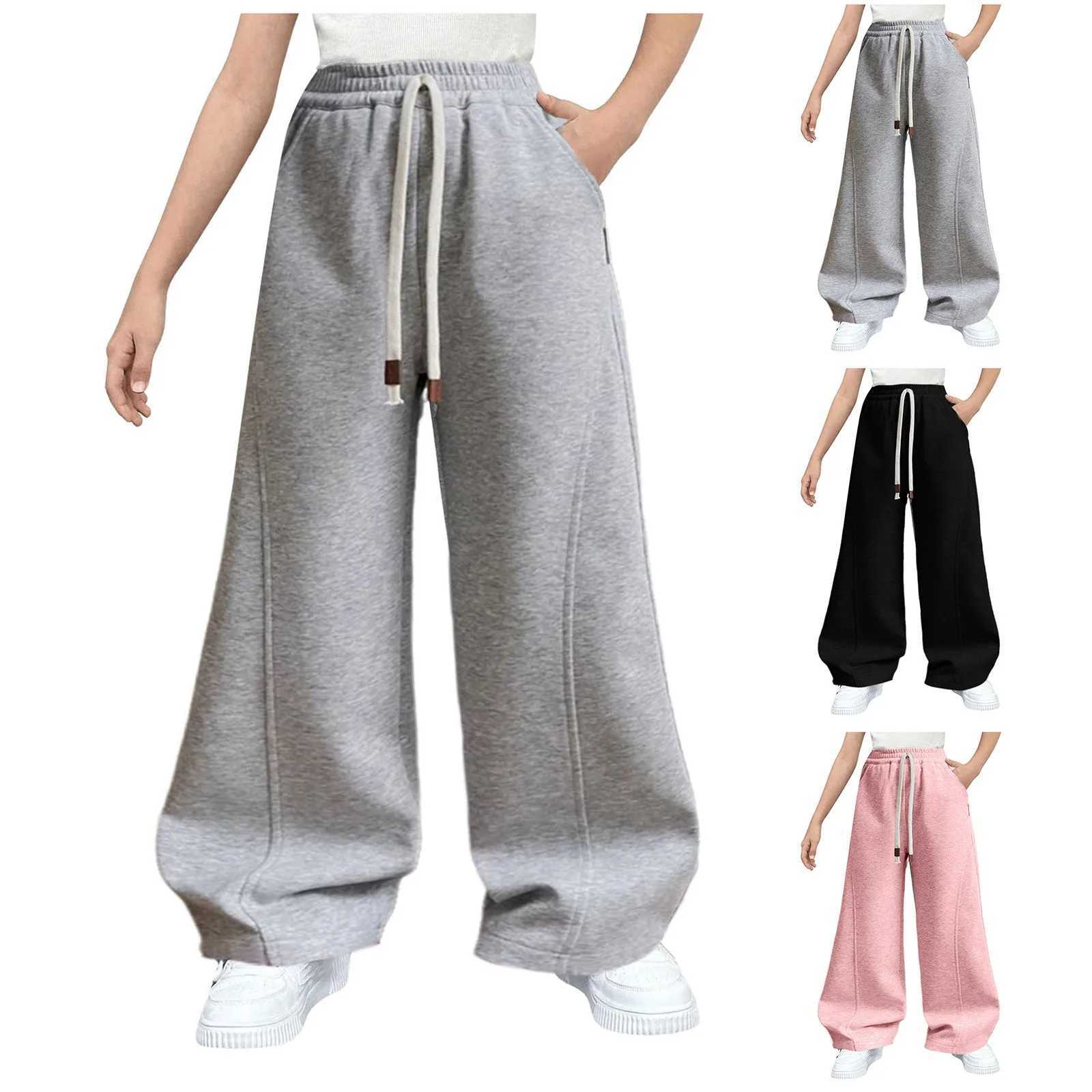 Girls straight sports pants sewn high waisted loose jogging pants with pockets girls sparkling pantsT250318