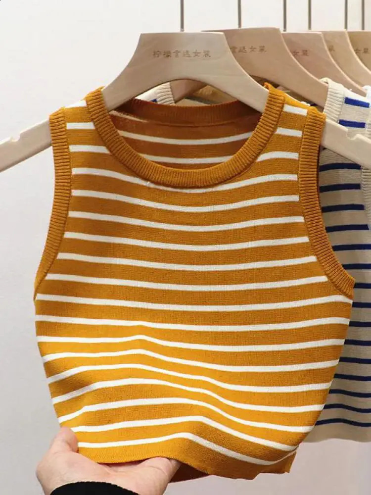 Summer spring striped vest womens sleeveless knitted Tshirt crop top elastic ultrathin casual zipper Camis 2025 250319