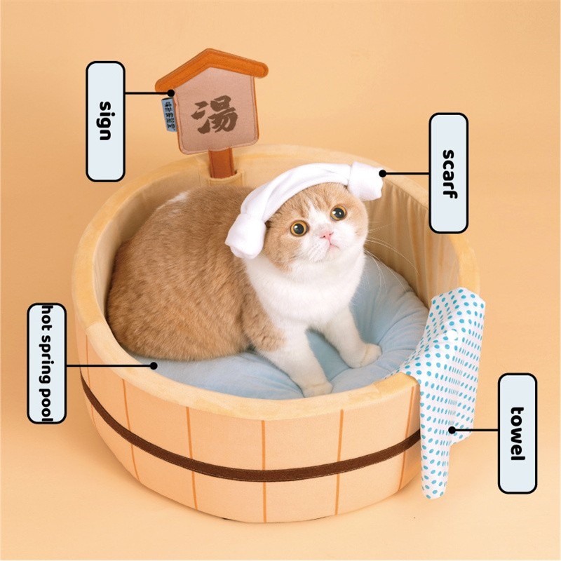 Japanese Style Hot Spring Pool Cat Bed Bathtub Shape Dog House Detachable Puppy Basket Basin Kitten Nest Pad Plush Sleeping Bed - view 4